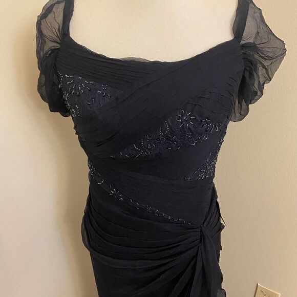 NEW Tadashi Shoji Navy Silk Beaded Maxi Formal Dress Size 8 - Picture 5 of 9